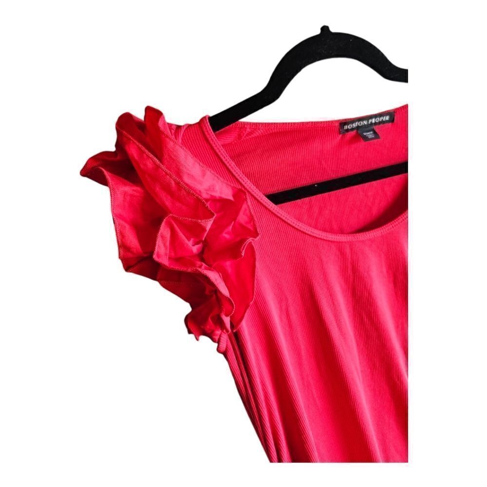 BOSTON PROPER Ruffle Knit Rib Ruched Dress Racing Red - Size Medium - Picture 6 of 9